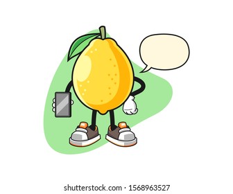 Lemon hold smartphone with speech bubble cartoon. Mascot Character vector.
