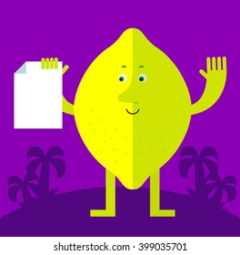 Lemon holding blank sheet of paper. Flat style vector illustration . Funny cartoon character