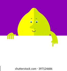 Lemon holding a blank sheet pointing. Flat style vector illustration . Funny cartoon character