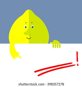Lemon holding a blank sheet and pointing on red underline empty place. Flat style vector illustration . Funny cartoon character