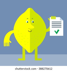 Lemon  holding check list. Flat style vector illustration . Funny cartoon character
