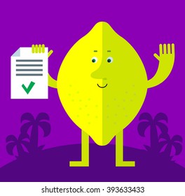 Lemon  holding check list. Flat style vector illustration . Funny cartoon character
