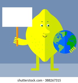 Lemon holding a globe and blank sign. Flat style vector illustration . Funny cartoon character