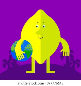 Lemon holding a globe. Flat style vector illustration . Funny cartoon character