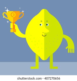 Lemon holding winning trophy. Flat style vector illustration . Funny cartoon character