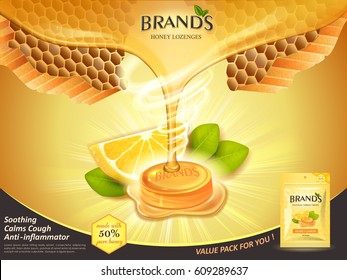 lemon honey flavor throat drops with leaves and honeycomb elements, golden background 3d illustration