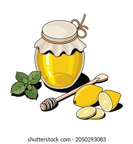 Lemon, honey jar, mint. Vector 3d sketch line isometric, color icon illustration, flat style. Creative design idea and elements for infographics and website.