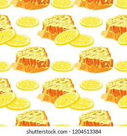 Lemon and honeycomb seamless pattern. Citrus fruit and honey  background. Elements for menu, greeting cards, wrapping paper, cosmetics packaging, posters etc
