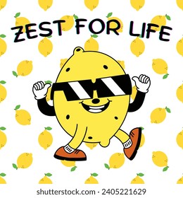 Lemon human face with sunglasses and text: zest of life. Small lemons background