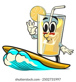 lemon ice cartoon character retro vector design surfing happily, work of hand drawn