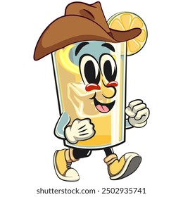 lemon ice cartoon character retro vector design wearing a cowboy hat walking calmly, work of hand drawn