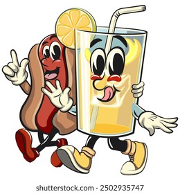 lemon ice cartoon character retro vector design walking with the hotdog character while giving a thumbs up and giving an ok sign, work of hand drawn