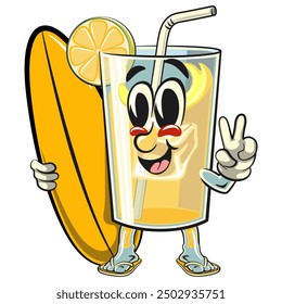 lemon ice cartoon character retro vector design with surfboard, work of hand drawn
