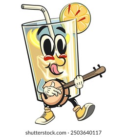 lemon ice cartoon character retro vector design playing the banjo musical instrument, work of hand drawn