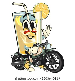 lemon ice cartoon character retro vector design riding a big motorcycle, work of hand drawn