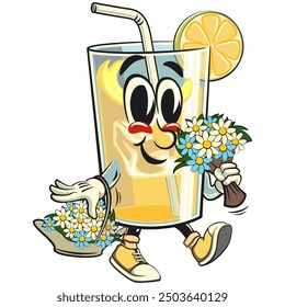 lemon ice cartoon character retro vector design as florist with desy flowers, work of hand drawn
