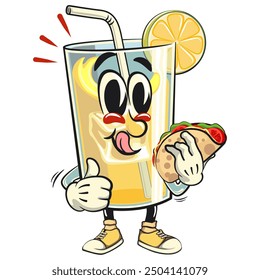 lemon ice cartoon character retro vector design carrying a taco while giving a thumbs up, work of hand drawn