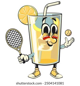 lemon ice cartoon character retro vector design playing tennis, work of hand drawn