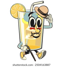 lemon ice cartoon character retro vector design carrying a stick and saluting with raised hat, work of hand drawn
