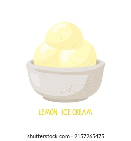 Lemon Ice Cream. Ice Bowl with Homemade Ice Cream Balls. Delicious frozen dessert. Flat Vector Illustration. Isolated on white background