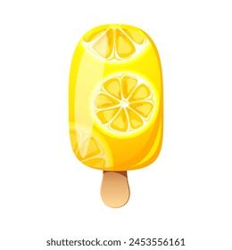 Lemon ice cream, fruit popsicle on a wooden stick with lemon pieces. Summer cold dessert, frozen juice, fruit ice. Vector illustration.