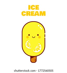 Lemon ice cream icon. Yellow ice cream. Ice cream logo. Kawaii cartoon style. Illustration vector.