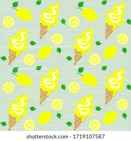 Lemon ice cream, lemons , leaves on a greenish background, artistic, textured. Seamless vector illustration for hoop, surface, packaging, postcards.