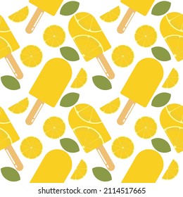 lemon ice cream seamless pattern in bright yellow color on white background