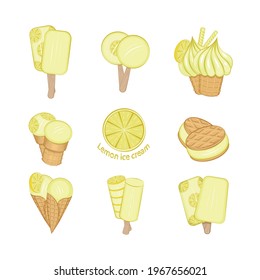 Lemon ice cream. Set of types of lemon ice cream on the background of text and lemon sais. Lettering. Vector illustration.