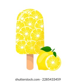 Lemon Ice Cream. Sweet delicious frozen summer dessert. For sticker and t shirt design, posters, logos, labels, banners, manu, product packaging design, etc. Vector illustration.