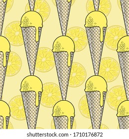 Lemon ice cream in a waffle cone. Seamless background with ice cream pattern. Old color print with a stylized pattern. Vector illustration