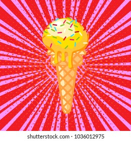 Lemon ice cream in a waffle cup. Pop Art. Vintage background. Sweet confectionery. Isolated dessert icon. Vector

