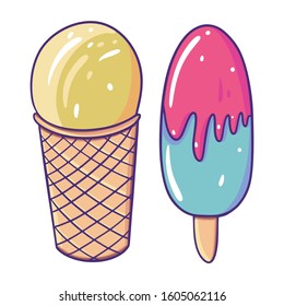 Lemon Ice Cream in waffle cup and popsicle on a stick. Hand drawn vector illustration. Flat cartoon style. Isolated on white background.