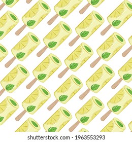 Lemon ice cream with lemon wedges and mint leaves. Background. Multi-colored image in sketch style. Element for design. Vector illustration.