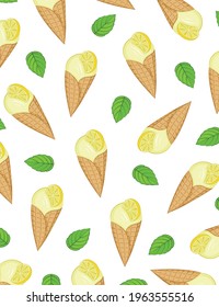 Lemon ice cream with lemon wedges and mint leaves. Background. Multi-colored image in sketch style. Element for design. Vector illustration.