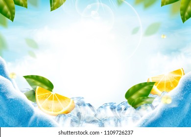 Lemon with ice cubes refreshing background in 3d illustration with green leaves Lemon with ice cubes refreshing background in 3d illustration with green leaves