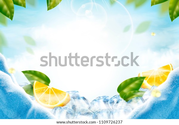 Lemon with ice cubes refreshing background in 3d\
illustration with green\
leaves