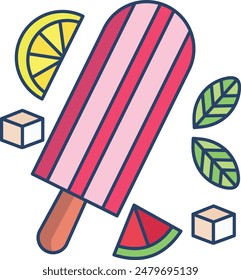 Lemon Ice lolly linear color vector illustration