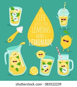 Lemon, ice, pitcher, glass, juicer. Funny lemonade set. Use for card, poster, banner, web design and print on t-shirt. Easy to edit. Vector illustration.