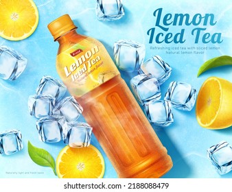 Lemon ice tea ad in 3d illustration. 3d bottle package flat lay on blue surface with ice cubes and lemon slices.