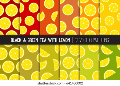 Lemon Ice Tea Vector Patterns. Lemon Slices on Black Tea, Matcha and Green Tea Colored Background. Pattern Tile Swatches Included.