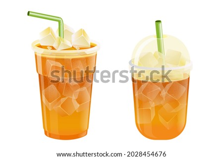 Lemon iced Tea, 2 glasses of Lemon iced Tea with straws .Vector illustration in white background.