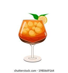Lemon iced tea in a clear glass with a lemon cut into the rim of the glass.Ice cubes in the glass.Vector illustration isolated on white background.
