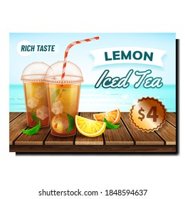 Vector de afiches promocionales creativos de té helado de limón. Corte De Citrus. Saltos De Mint Y Té Blank De Té Apetitosa Con Tubo En La Pancarta Publicitaria De Mesa De Madera. Ilustración de plantilla de concepto de color de estilo
