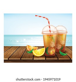Lemon Iced Tea Creative Promotional Poster Vector. Citrus Cut Pieced. Mint Leaves And Tasty Drink Tea Blank Cup With Tube On Wooden Table Advertising Banner. Style Color Concept Template Illustration