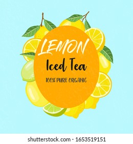 Lemon Iced Tea label poster vector illustration. lemonade banner with lemon, orange, lime, peach fruits. Background for brand, logo, template,  for store packaging.
