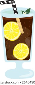 Lemon Iced Tea in a Tall Glass with Ice, Straw and Citrus Slices | Summer Drink Vector