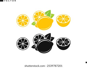 Zitronensilhouette. Zitrusfruchtvektor. Isolierte Zitrone mit Blättersymbol