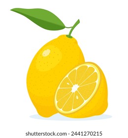 Lemon Icon isolated on white background. Fresh citrus, half sliced lemons. Cut lemons fruit slice and zest for lemonade juice, vitamin C. Vector illustration in flat style