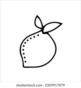Lemon icon with leaves. Vector black and white hand-drawn illustration. Silhouette, icon, logo, sketch, template, doodles.